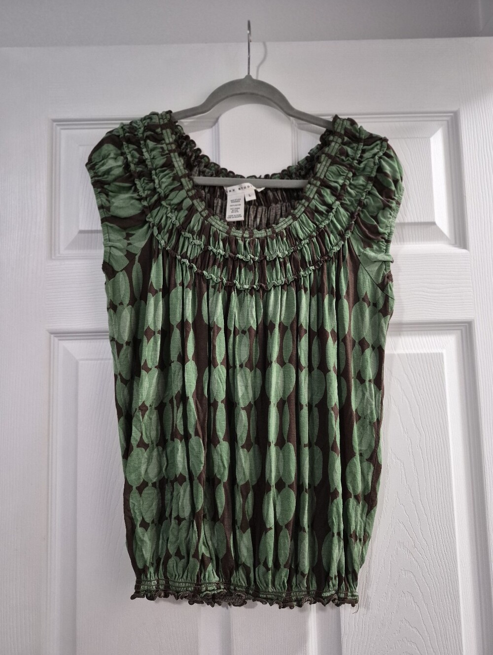 Green Patterned Shirred Neck Sleeveless Top